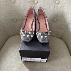 J. Crew Plaid Heels with Pearl and Jewel Accents